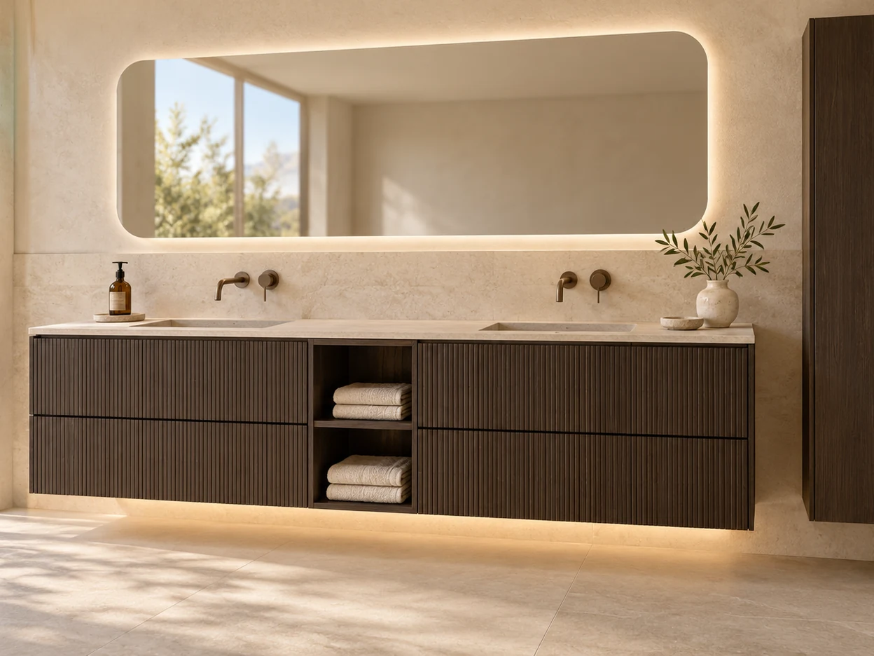 Linea Banyo: çizgili koyu ahşap dolap, çift lavabo ve geniş ayna