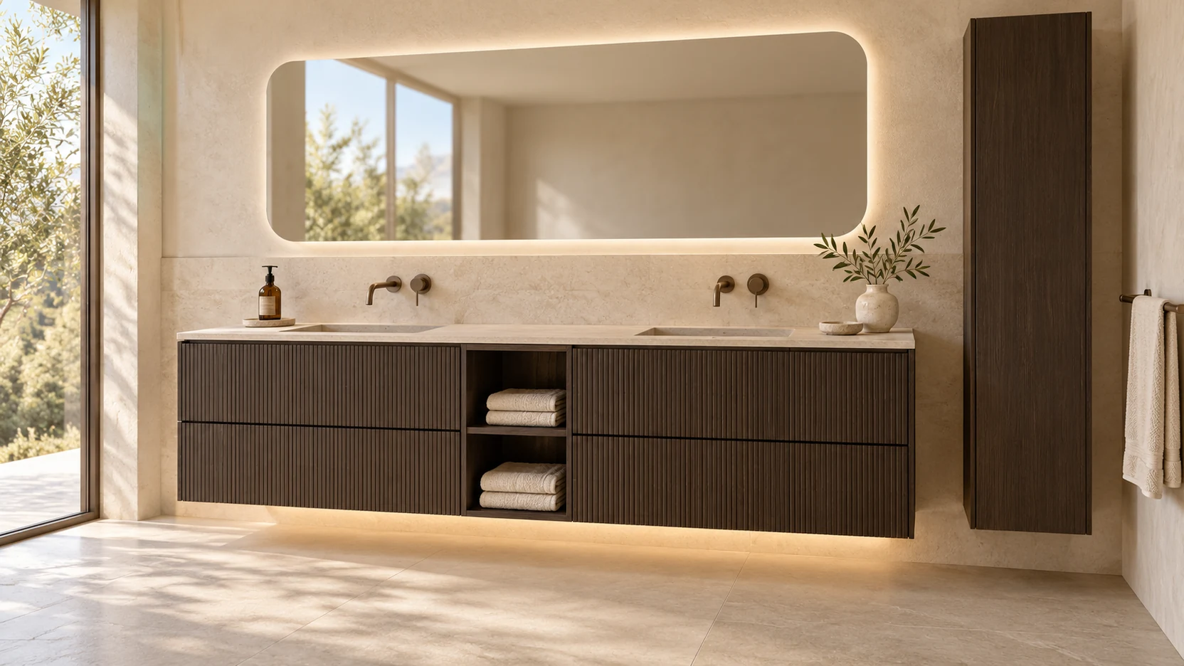 Linea Banyo: çizgili koyu ahşap dolap, çift lavabo ve geniş ayna